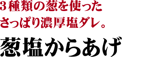 3種類の葱を使ったさっぱり濃厚塩ダレ。葱塩からあげ